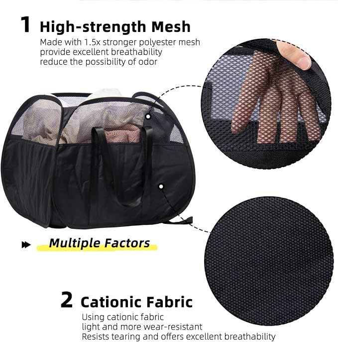 Collapsible Laundry Basket, 90L Tear Proof Mesh Pop-up Hamper | Foldable Storage Clothes Bag with Reinforced Handles for Bathroom, Kids Room, Dorm, Travel, Camping, Space-saving, Black