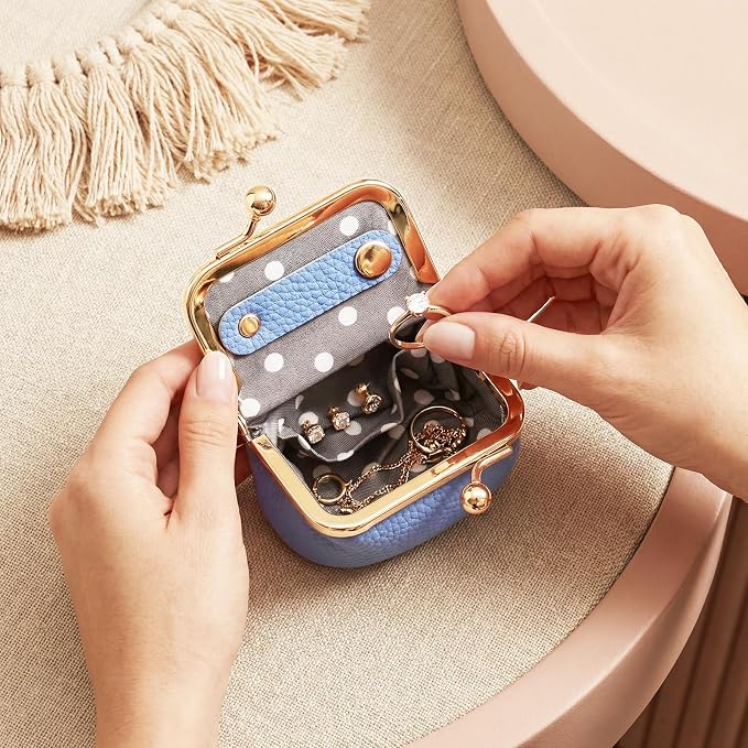 Genuine Leather Mini Jewelry Box Portable Vintage-Inspired Leather Small Coin Purse Jewelry Organizer Case Mini Travel Ring Box with Kiss Lock for Women Earring Ring Necklace
