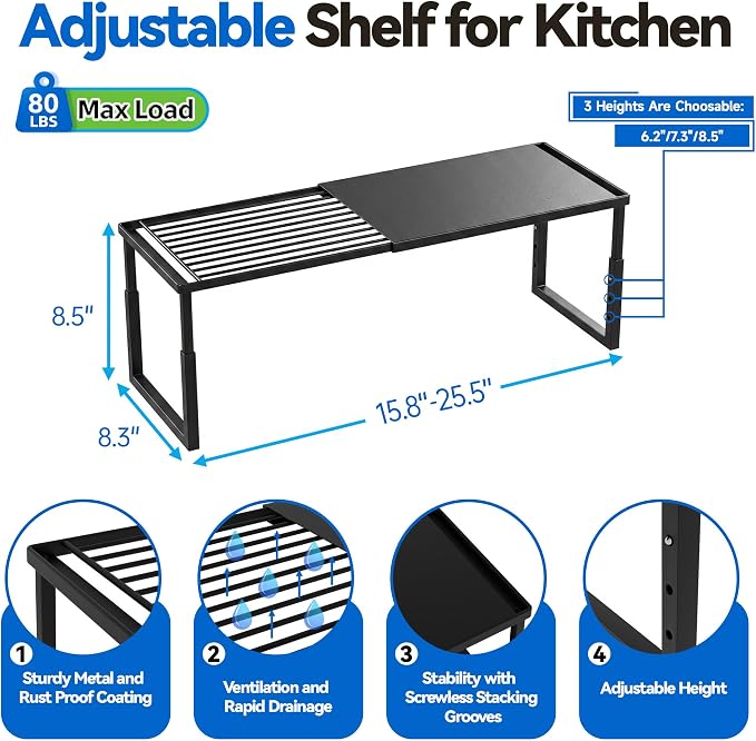 Expandable Cabinet Shelf Organizer, Stackable Kitchen Countertop Storage Shelves, Heavy Duty Adjustable Pantry Organizer Rack for Cabinet, Cupboard, Under Sink & Spice Storage