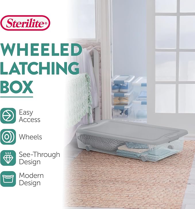 Sterilite Wheeled Latching Box w/Lids for Home & Office, 56 Quart, 4-Pack | Heavy-Duty and Stackable Plastic Containers with Latches for Closet, Cabinet, Bedroom, Bathroom and Dorm Room Organization