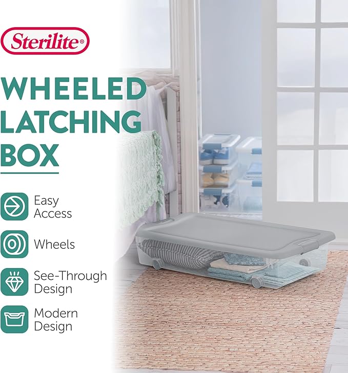Sterilite 8-Pack Wheeled Latching Box, Under Bed Storage Containers, 56 Qt, Silver - Stackable Plastic Organizer Bins with Lids for Clothes, Shoes, Craft, and Bedroom Organization