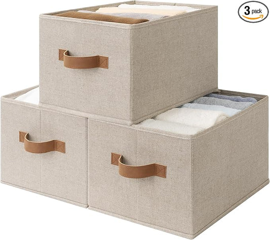 StorageWorks Shelf Baskets for Organization, Linen Closet Organizers and Storage Basket, Foldable Storage Bins, Closet Organizer Bins for Clothes, Brown & Beige, 3-Pack, Large