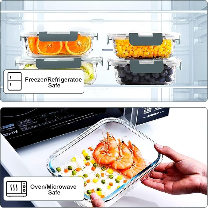 VERONES 10 Pack Glass Meal Prep Containers, Airtight Glass Lunch Containers, Stackable Glass Food Storage Containers Set with Lids,BPA-Free, for Microwave, Oven, Freezer & Dishwasher Friendly,Grey