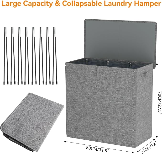 WOWLIVE 180L Laundry Hamper 3 Section, Large Laundry Basket with Lid | Dirty Clothes Hampers with Removable Bags and Handles, Collapsible Laundry Basket Organizer for Dorm Room, College, Grey