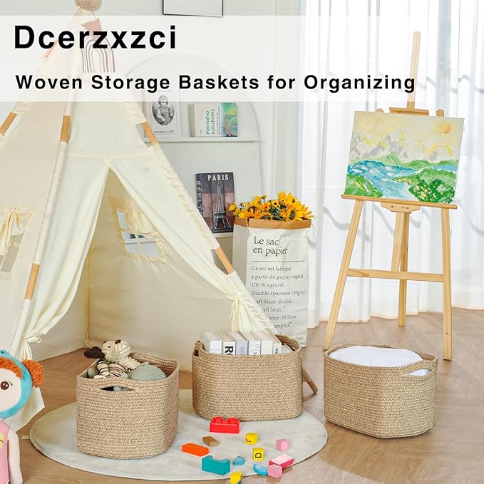 Storage Baskets for Organizing Shelves, Woven Cotton Rope Basket for Storage, Dog Toy Baskets Storage Kids, Cute Shelf Basket for Living Room Bedroom, 14.8"×11"×9.5", Pack of 3, Brown
