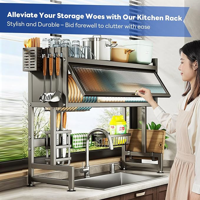 Hdrriozu Over the Sink Dish Drainer Drying Rack 3 Tier with Cover | Rust resistant built to last. Easy install simple tools. Holds all dishes glasses bowls. Space saving over sink tidy kitchen.