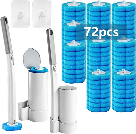 Disposable Toilet Brush Set, 2 Pack with 72 Refills & Wall Holder | 360° Swivel Head, Deep Scrubbing Toilet Bowl Cleaner, One-Touch Disposal, Toilet Wand for Sinks, Tubs & Floor Drains