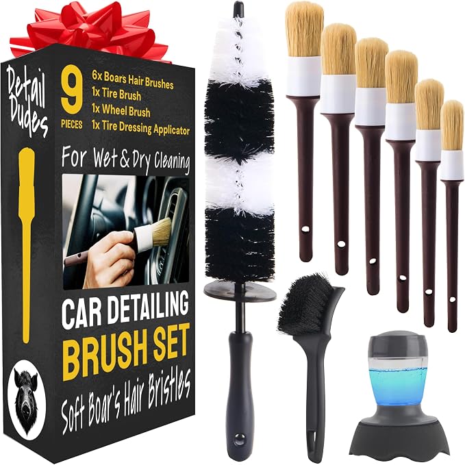 Car Detailing Brush Set 9-Pack with Tire and Wheel Brushes - Detail Dudes | 6-pc Scratch-Free Interior Boars Hair Brushes - 1-pc Exterior Tire Brush, Tire Dressing Applicator and Wheel Brush