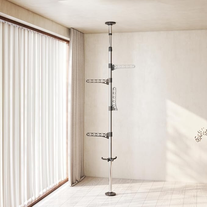 BAOYOUNI 4-Tier Drying Rack Floor to Ceiling Adjustable Metal Grey | Metal Corner Tension Pole，Floor to Ceiling Adjustable ， Space-Saving Laundry Organizer，No Drilling Required