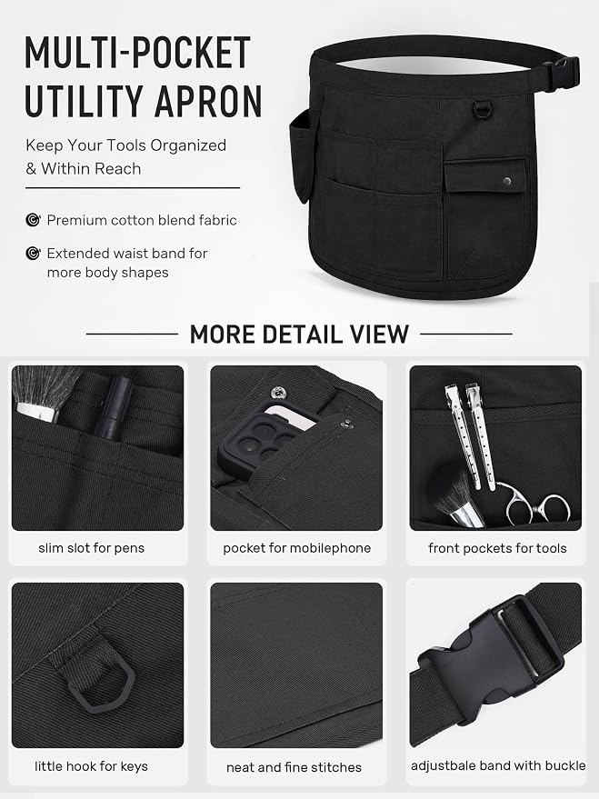 Molaxhome Waist Tool Apron with Multi-Pocket Adjustable Belt for Gardening | Adjustable Long Belt,Waitress Server Aprons,Tool Belt,Hairdressers,Work Apron
