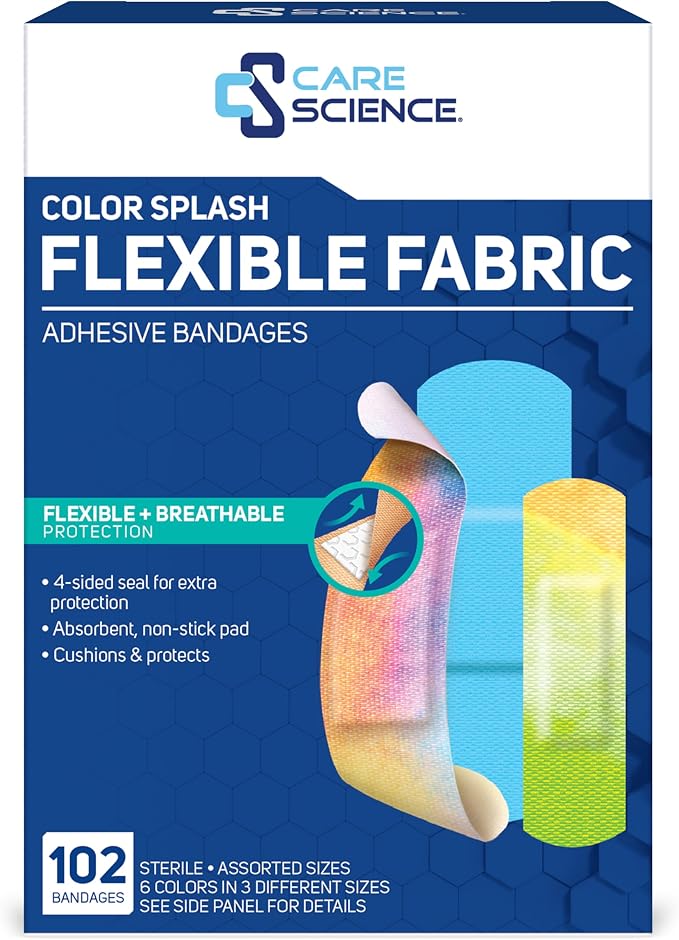 Care Science Color Splash Fabric Adhesive Bandages, Assorted Sizes, 102 ct | Flexible + Breathable Protection for First Aid and Wound Care.