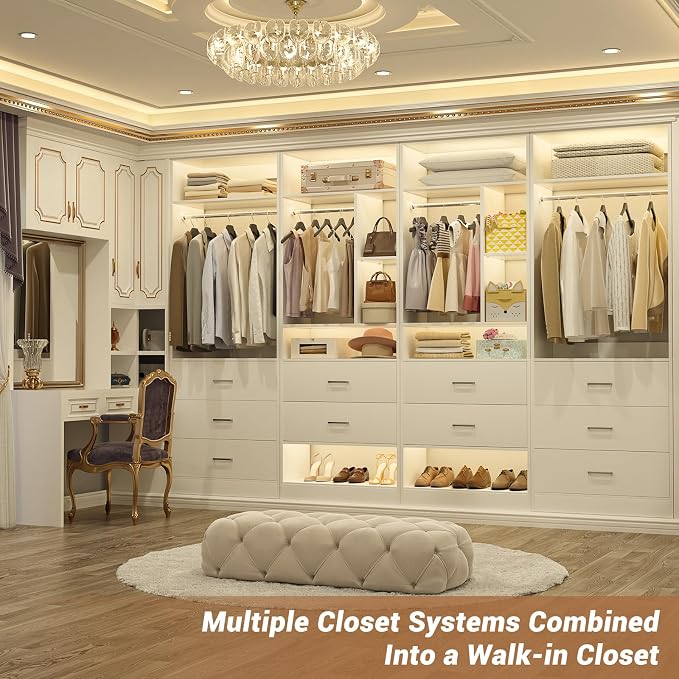 Besiost 4FT Closet Systems with 5 Wood Drawers, 48 Inch Closet Organizer System with 2 Hanging Rods & 7 Shelves, Heavy Duty 48" Walk-in Closet , White (48"L x 15" W x 80" H)