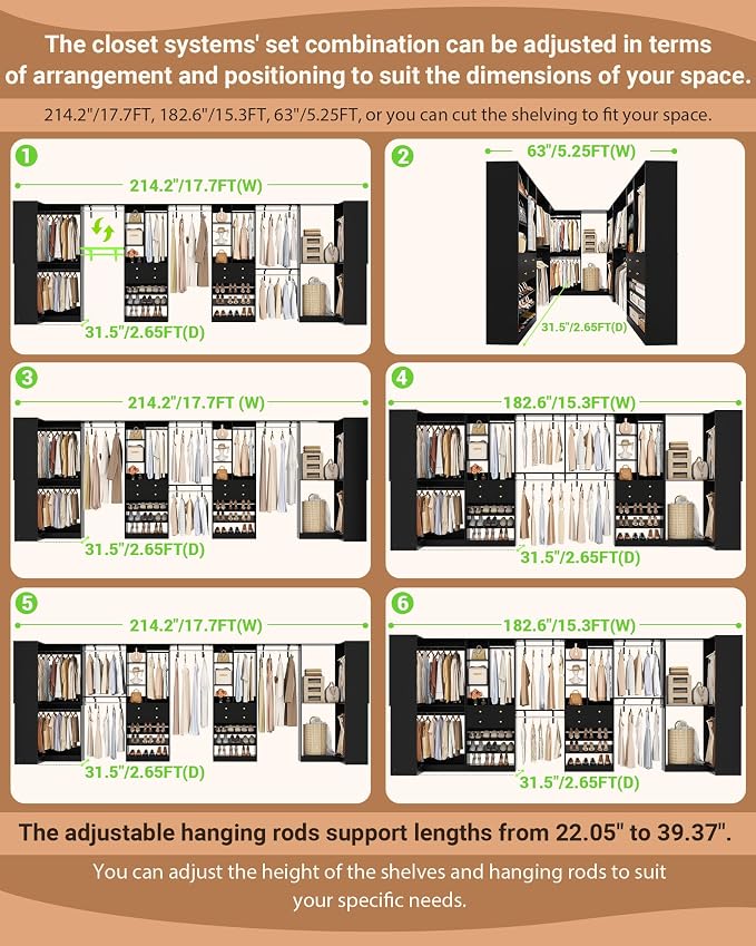 Besiost Closet System with 4 Drawers & Corner Tower, Closet Organizer System with 10 Hanging Robs, Reversible U Shaped Walk-in Closet System, Load 3600+LBS Capacity, Set of 4, Black