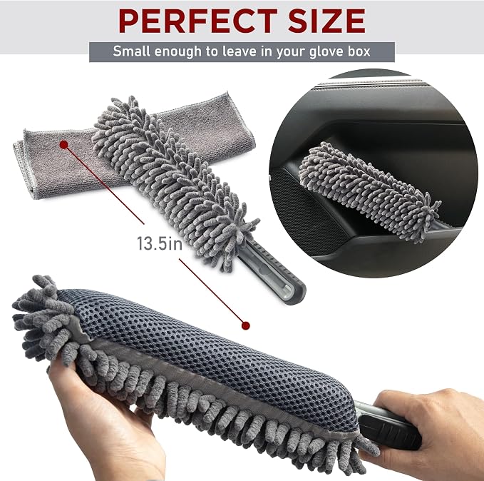 TAKAVU Car Duster Interior, Double-Sided Microfiber, Comfort Handle | Lint & Scratch-Free Cleaning for Trucks, RVs & Vehicles, Includes Microfiber Towel & Storage Bag, Soft