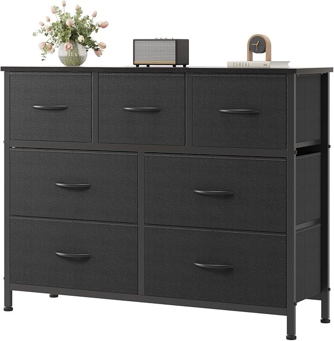 OLIXIS Black Dresser for Bedroom with 7 Fabric Drawers Storage Organizer | Wardrobe Closet for Clothes Storage, Cabinet Vertical Dresser for Living Room, Entryway Hallway