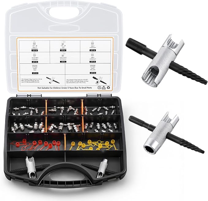 Dreyoo Complete Grease Fitting Replacement Kit, Grease Gun Zerk Fitting Tool & SAE and Metric Zerks & Multi-Tools & Protective caps, Removal Cleaning Tools Assortment
