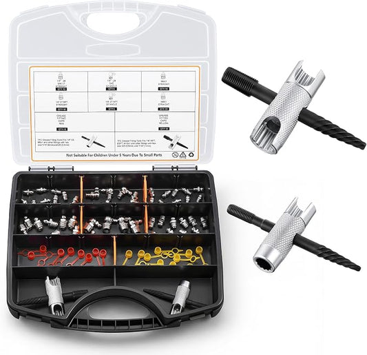 Dreyoo Complete Grease Fitting Replacement Kit, Grease Gun Zerk Fitting Tool & SAE and Metric Zerks & Multi-Tools & Protective caps, Removal Cleaning Tools Assortment