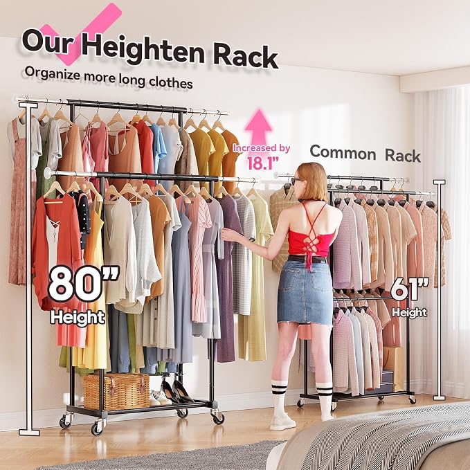 SUFAUY Clothes Rack, Double Rods Rolling Clothing Rack for Hanging Kid Clothes, Portable Garment Rack with Wheels, Coat Rack Wardrobe Closet Load 350 LBS (Black)