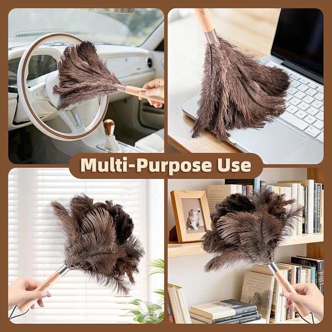 2 Pack Ostrich Feather Dusters for Cleaning with Wooden Handle, 13.5 inch | Natural Fluffy Ostrich Feathers, Washable & Reusable Dusters, Soft Cleaning Tools for Home, Car, Delicate Surfaces