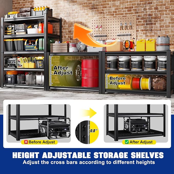 59" W Garage Shelving Heavy Duty Storage Shelves, Adjustable Metal Shelving Unit, Utility Garage Organizer Shelf for Basement, Pantry, Kitchen, Warehouse, Supermarket, 59" W x 19.7" D x 72" H