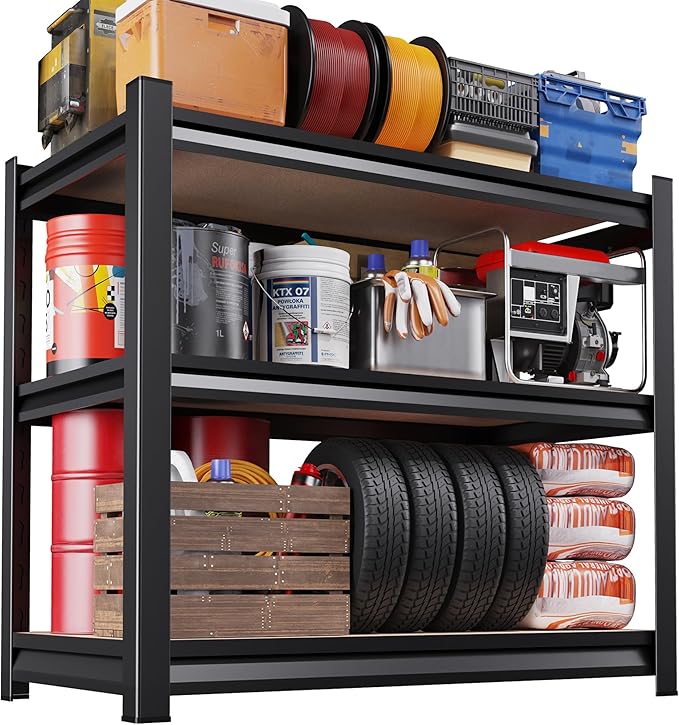 33" H x 35" W Garage Shelving for Home & Garage Organization, 3-Tier Adjustable Heavy Duty Metal Storage Rack with Steel Frame & MDF Shelves for Pantry, Basement, Workshop & Utility Room