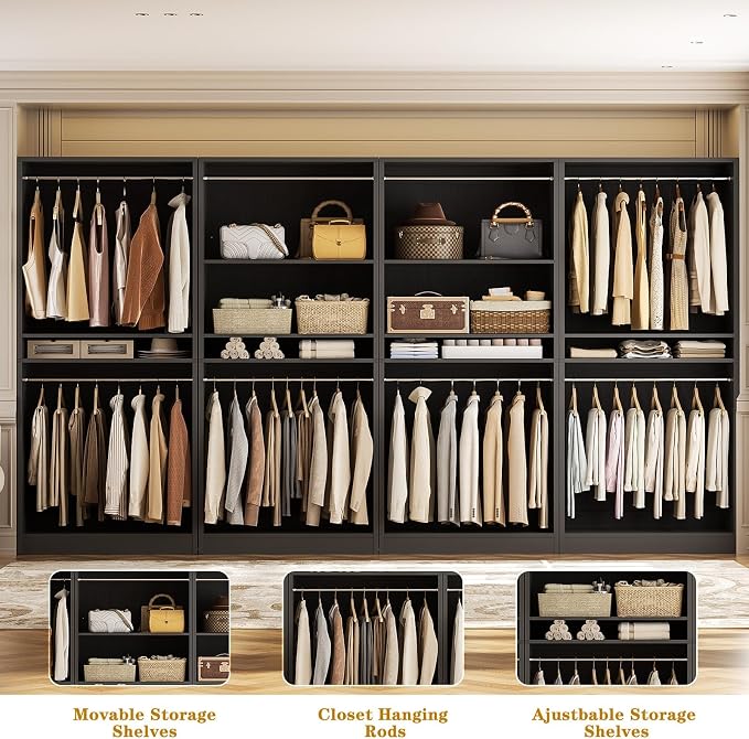 Unikito 12FT Modular Closet System with 8 Hanging Rods, 2800LBs Wood Garment Rack, 4-Pieces Ultra-Wide Walk-in Closet Organizer, Freestanding Clothing Shelves, Black