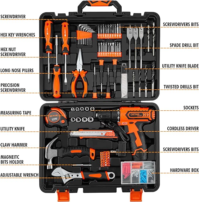 CARTMAN Orange 198-Piece 12V Cordless Drill Tool Combo Kit | Complete DIY repair tools for home, office & garden maintenance, professional household tool set with robot style storage box