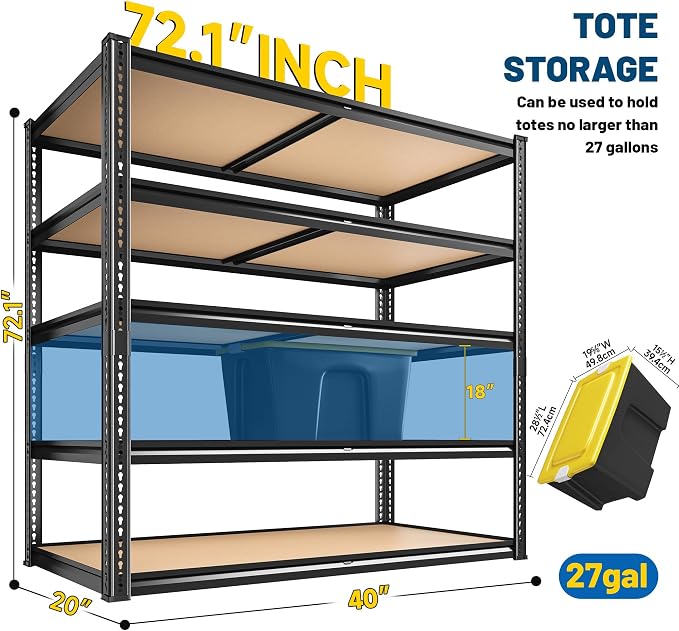 ROOMFAVE 40" W Storage Shelves 5 Tier Garage Shelving Heavy Duty,2350LBS Adjustable Metal Shelving Unit, Garage Shelves for Basement, Warehouse, Pantry, Closet, 72.1" H x 40" W x 20" D, Black,3PCS