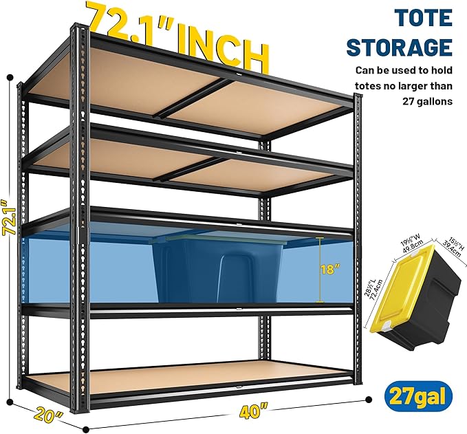 ROOMFAVE 40" W Storage Shelves 5 Tier Garage Shelving Heavy Duty,2350LBS Adjustable Metal Shelving Unit, Garage Shelves for Basement, Warehouse, Pantry, Closet, 72.1" H x 40" W x 20" D, Black,4PCS