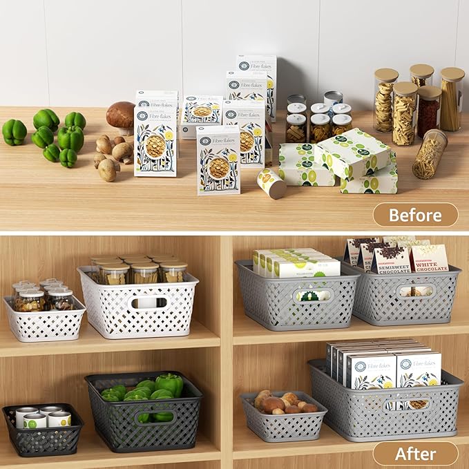 MaxGear Organization and Storage 3 Packs, Plastic Bins Organizer Bins, Woven Baskets for Storage, Plastic Baskets with Handles Black Basket for Organizing, Basket Organizer for Home and Office, Medium