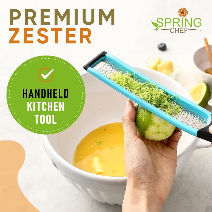 Spring Chef Premium Lemon Zester Grater with Handle - Fruits, Garlic, Chocolate, Ginger Grater - Heavy Duty Kitchen Tool - Stainless Steel Citrus Zester with Blade Cover - Fine Shred - Aqua Sky