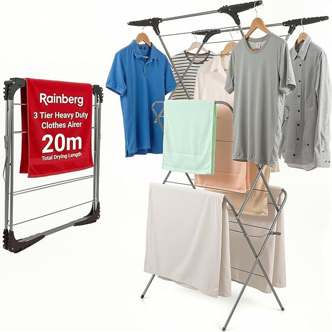 3 Tier Clothes Airer Drying Indoor and Outdoor, Laundry Rack with Non-Slip Feet and Corner Spaces for Hangers, Flat Foldable for Space Saving Washing Line, 20m Drying Space