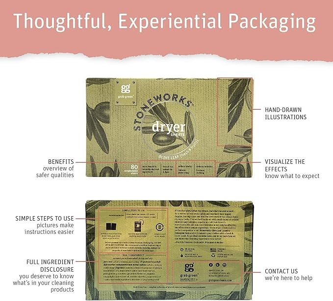 Grab Green Stoneworks Dryer Sheets, 160 Sheets, Birch Branch, Compostable | Softens fabrics; Reduces Static; Cruelty-free; Plant & Mineral Based; No Harsh Chemicals