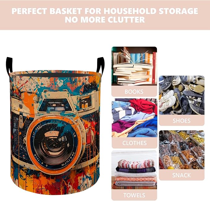 Vintage Camera Laundry Basket Hamper 19.7"x15.8", Organizer Bins Gifts for Kids Boys Girls, Retro Photographer Foldable Waterproof Oxford Clothes Storage Bucket for Bedroom Bathroom Decor