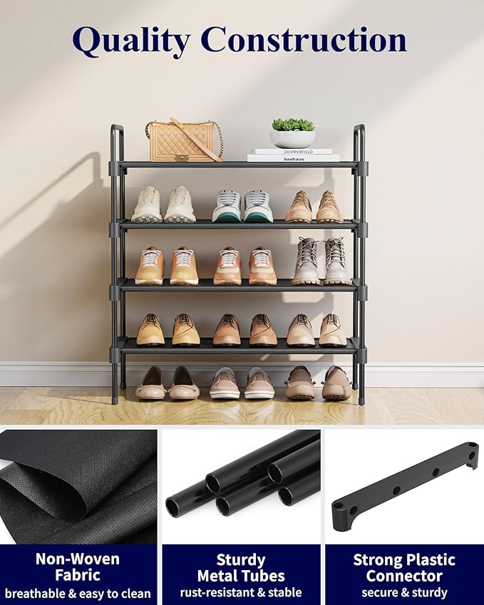 Kitsure Shoe Rack for Closet, Shoe Organizer for Front Door Entrance, Stackable Shoe Shelf, Detachable Closet Organizers and Storage, 26.6" Wide - 4 Tiers, Black | Closet, Front Door Entrance, Entryway, Stackable & Detachable Shelf, Closet Organizers a...