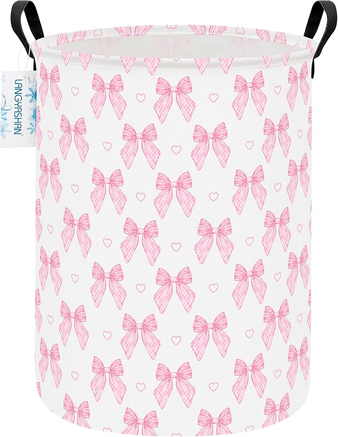 Round Laundry Basket Collapsible Storage Hamper Pink Bowknot | Waterproof Canvas Foldable Baskets with sturdy Handles Multi-scene Organizer for Home Play Bedroom Gift Bin
