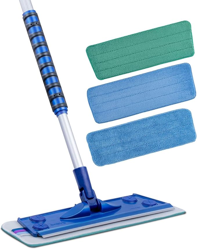 Silva Microfiber Mop Set with Reusable Microfiber Pads (Wet/Dry/Wall) | 360 Rotating Mop Head | Sturdy, Extra Long, Adjustable Metal Pole | Ergonomic Soft-Sponge Handle | Blue | Floor, Wall, Tile