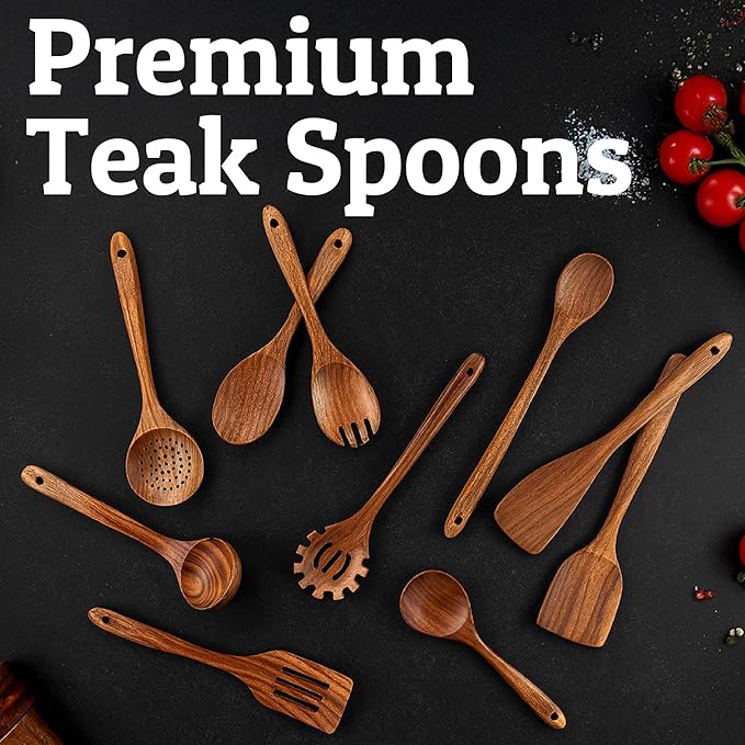 PriorityChef Wooden Spoons for Cooking, Premium 10pc Teak Wood Utensil Set with Hanging Hooks and Spoon Rest