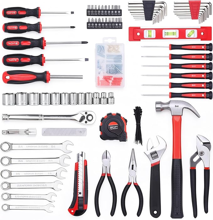FASTPRO 236-Piece Home Repairing Tool Set, Mechanics Hand Tool Kit with 12-Inch Wide Mouth Open Storage Bag, Household Tool Set for DIY, Home Maintenance, Red