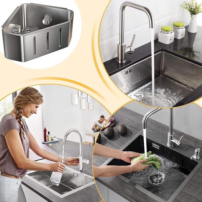 Sponge Holder for Kitchen Sink,Sink Caddy Organizer with Suction Cups,Strong Load-Bearing capacity Rustproof Triangle Kitchen Storage Rack for Right Angle Sink,Store Sponge,Soap, Stopper,Brush