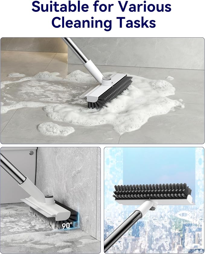 Small Floor Scrub Brush with Length Adjustable Long Handle, 3 in 1 Heavy-Duty Stiff Bristle Scrubber Brush with Squeegee and Tweezer Push Broom for Cleaning Bathroom, Patio, Garage and Kitchen