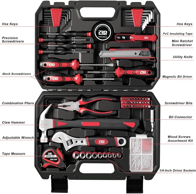 Prostormer 160-Piece Home Tool Set, Starter Tool Kit, Red | Eessential Tools for Household Repairs & DIY Projects, Beginners Friendly, Compact & Portable