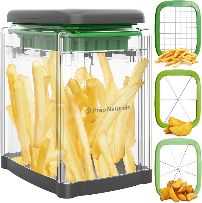 Prep Naturals 3-in-1 Manual French Fry Cutter - Interchangeable Blades for Potato Cutter & Fry Slicer - Functions as Potato Dicer & Food Dicer - Includes Safety Glove - Medium, Gray