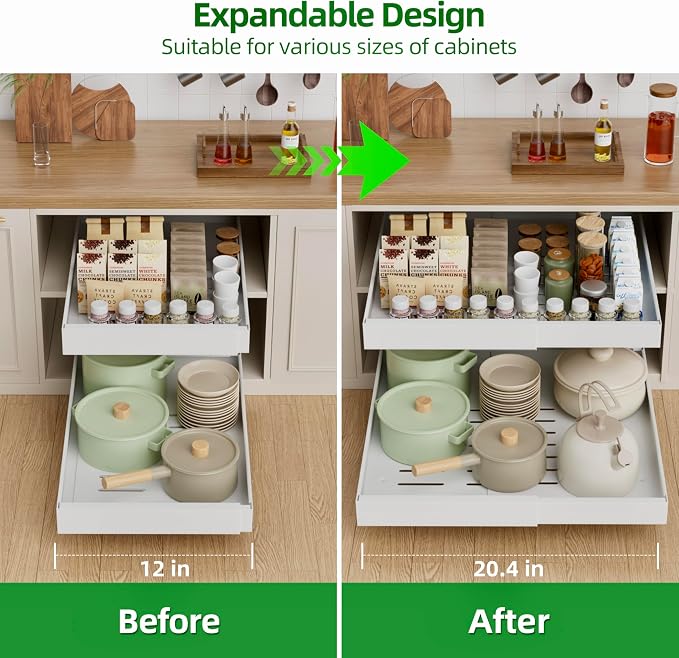 PAKETA 2 Pack Expandable Pull Out Cabinet Organizer,21" Deep | Pull Out Drawers for Cabinets with width from 12" to 20",Sliding Drawers for Cabinets with Upgrade 3 Slide Rails,hold 65 lbs