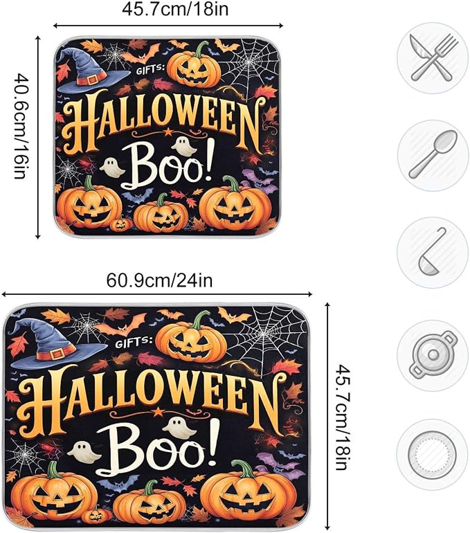Halloween Ghosts Boo Dish Drying Mat for Kitchen Countertop 16x18 Witch Pumpkin Lantern Bat Small Drying Mat Reusable Quick Dry Dish Sink Mats Easy Clean Decorative Essentials
