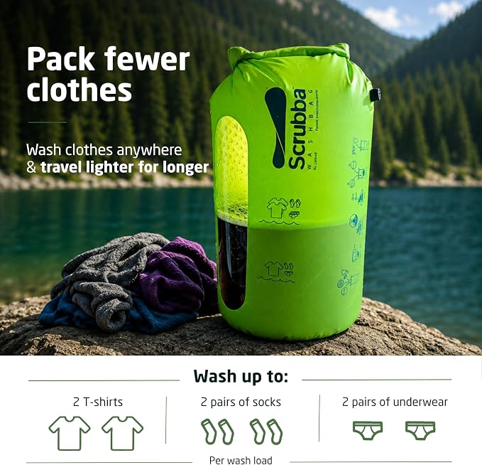 Scrubba Wash Bag Patented Washboard-in-a-Bag™ 5 oz Travel Clothes Washer | Pack Light, Wash Anywhere Fast, Internal Washboard, Machine-Quality Wash, Portable, No Electricity, Camping, RV, Cruises