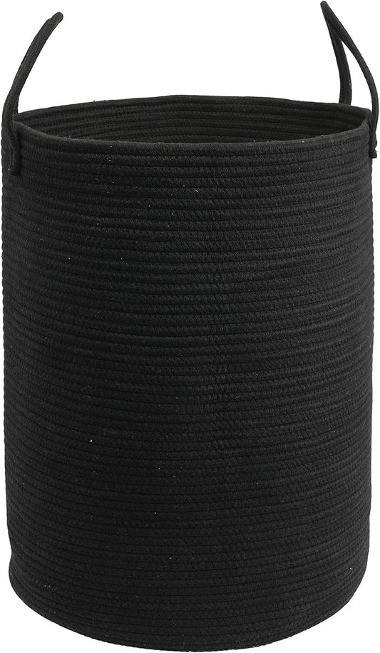 Woven Cotton Rope Laundry Basket Hamper 16" x 22" Large Black | Rope storage basket for dirty clothes, toys and blankets. Perfect for bathroom, baby nursery and living room storage.