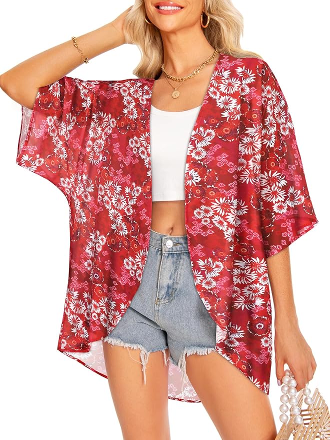 Women Kimono Cardigans Summer Cover Up Hawaiian Shirts Floral Print Tops | ROSEMIA chiffon kimono open front cardigans, beach cover ups, daily casual tops, cruise outfits, summer resort wear