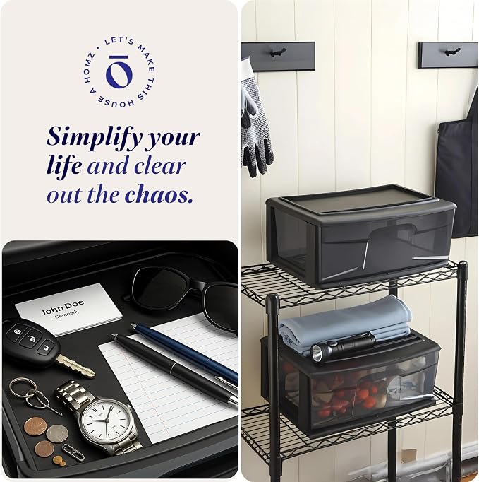 HOMZ 2-Pack 1-Drawer Storage Cart, Plastic Container with Smoke Tint, 15" Wide Body, Black Frame - Organizing Drawer Containers for Home, Bathroom, Bedroom, Office, and Classroom
