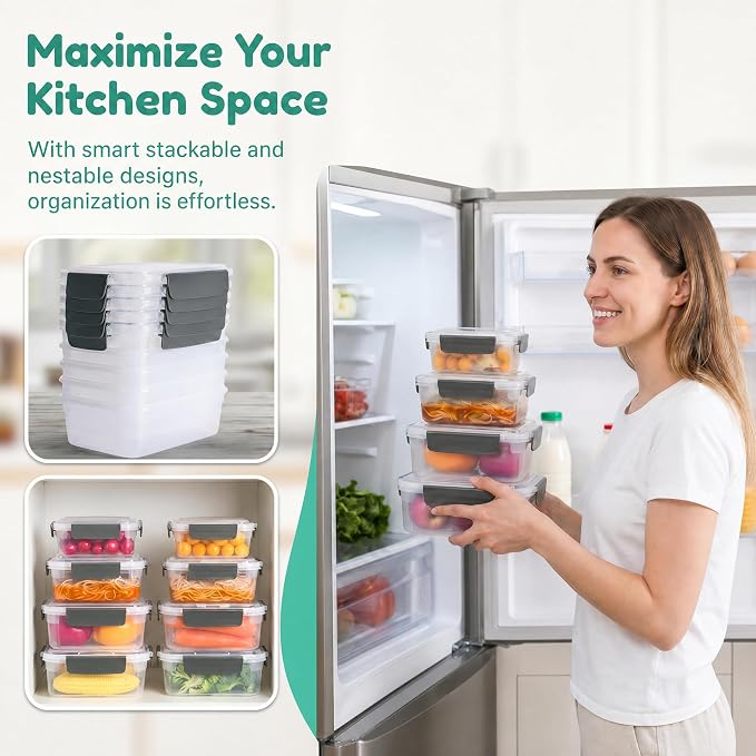 YORY 7cup Plastic Food Storage Containers With Lids For Leftover,5pk | BPA free,Stackable and Nestable,Snaplock Lid ,Freezer Dishwasher Microwave Safe